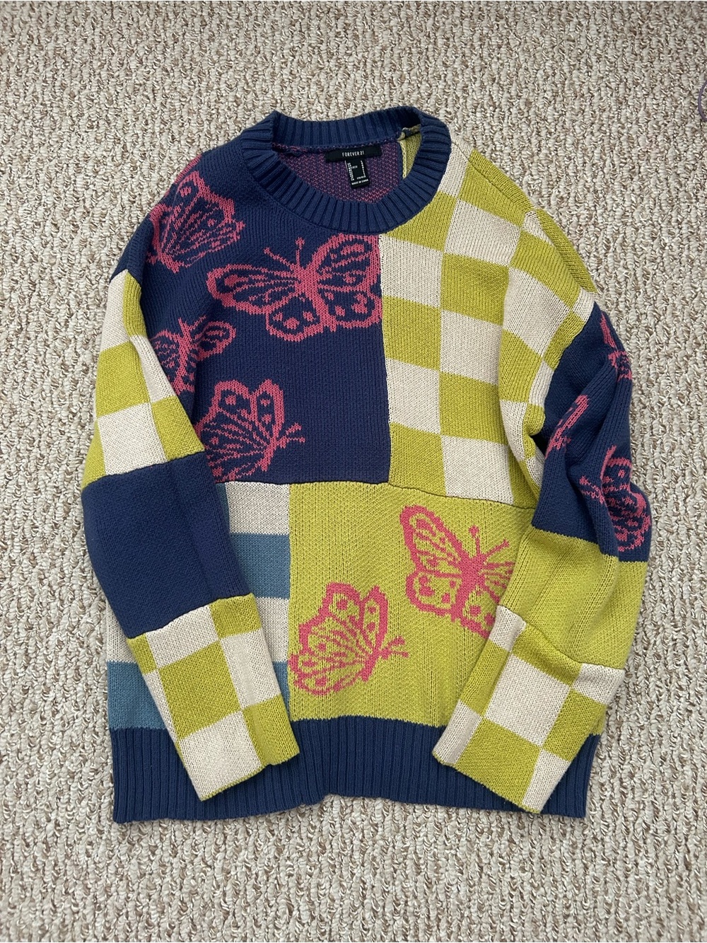 Forever 21 Navy, Lime & Pink Patchwork Butterfly Crewneck Sweater